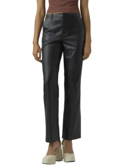Pantalon en simili cuir noir uni avec une coupe droite et une taille mi-haute