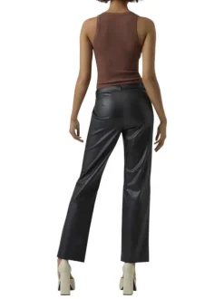 Pantalon en simili cuir noir uni avec une coupe droite et une taille mi-haute