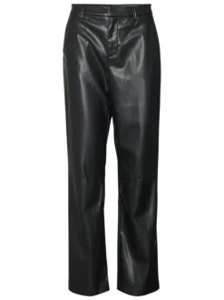 Pantalon en simili cuir noir uni avec une coupe droite et une taille mi-haute