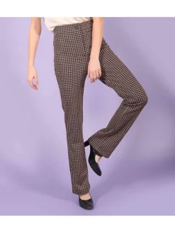 Pantalon femme coupe droite pied de poule cuivré noir et beige