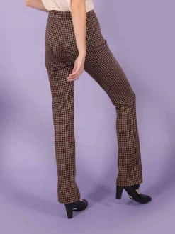 Pantalon femme coupe droite pied de poule cuivré noir et beige