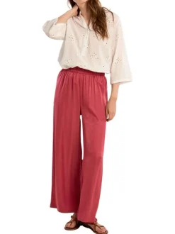 Pantalon framboise uni pourvu d'une coupe large et d'une taille haute