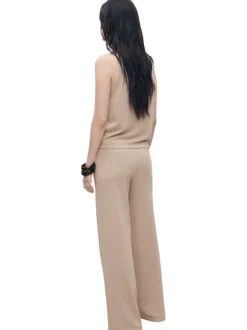Pantalon jogging beige uni avec une coupe droite et un cordon de serrage