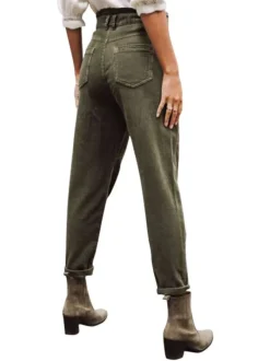 Pantalon Lara Veluto en coton kaki uni, coupe boyfriend en velours côtelé