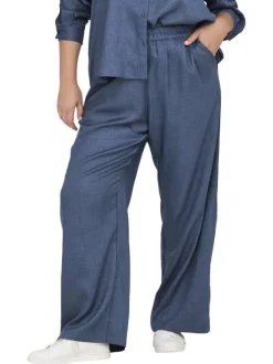 Pantalon large bleu indigo uni à coupe fluide avec une taille haute élastiquée