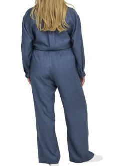Pantalon large bleu indigo uni à coupe fluide avec une taille haute élastiquée