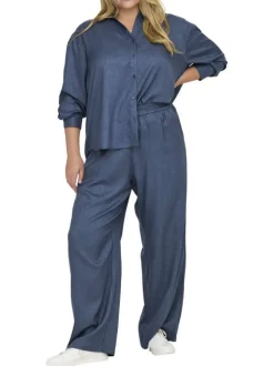 Pantalon large bleu indigo uni à coupe fluide avec une taille haute élastiquée