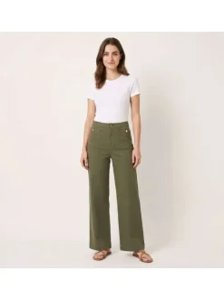 Pantalon Madeline en coton mélangé kaki uni pourvu d'une coupe large