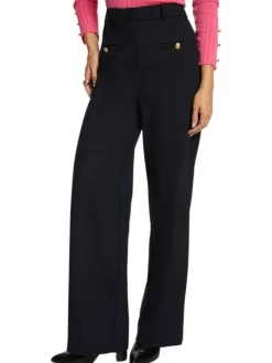 Pantalon marine motif rayé coupe bootcut avec des boutons décoratifs dorés