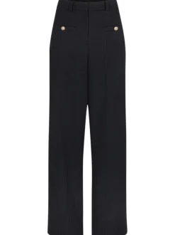 Pantalon marine motif rayé coupe bootcut avec des boutons décoratifs dorés