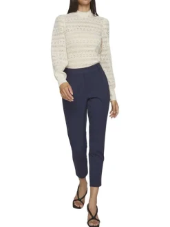 Pantalon marine uni avec une coupe cigarette et une taille intermédiaire
