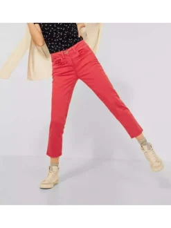 Pantalon New York rouge en coton uni coupe slim avec 5 Poches