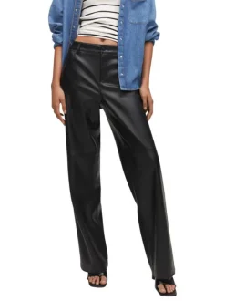 Pantalon noir en simili cuir avec une coupe droite et une taille intermédiaire