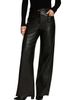 Pantalon noir en simili cuir avec une coupe flare à zip et bouton