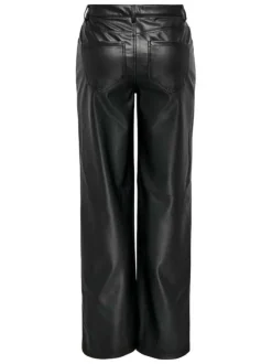 Pantalon noir uni aspect simili cuir avec une coupe droite et des poches
