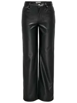 Pantalon noir uni aspect simili cuir avec une coupe droite et des poches