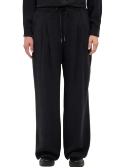 Pantalon noir uni coupe ample avec taille élastiquée et cordon de serrage