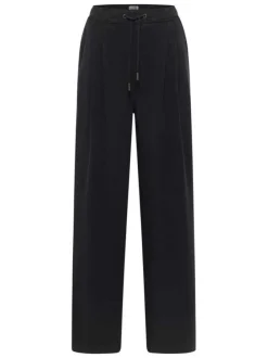 Pantalon noir uni coupe ample avec taille élastiquée et cordon de serrage