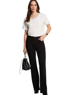 Pantalon noir uni à coupe bootcut avec 4 poches et fermeture boutonné
