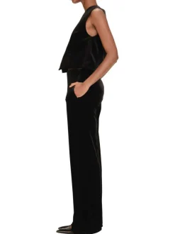 Pantalon noir uni en velours avec une coupe droite et une taille haute