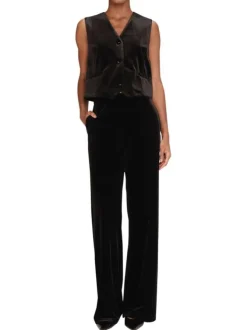 Pantalon noir uni en velours avec une coupe droite et une taille haute