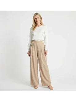 Pantalon Paline beige uni pourvu d'une coupe large et d'une taille haute