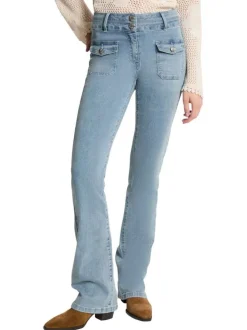 Pantalon 5 Poches bleu jean clair uni slim avec fermeture zippée et boutons