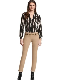 Pantalon 5 poches camel uni à coupe slim fit et à taille haute