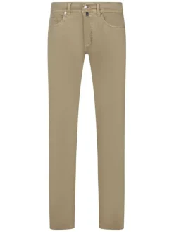 Pantalon 5 poches en coton beige uni à coupe tapered avec jacron brun