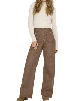 Pantalon 5 poches en coton mélangé brun uni avec une coupe droite