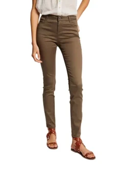 Pantalon 5 Poches kaki uni avec une coupe slim et des liserés