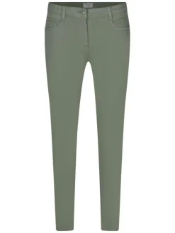 Pantalon 5 poches kaki uni avec une coupe slim et une taille élastiquée