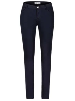 Pantalon 5 poches marine uni avec une coupe slim et des passants pour ceinture