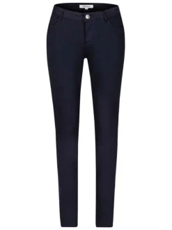 Pantalon 5 poches marine uni avec une coupe slim et des passants pour ceinture