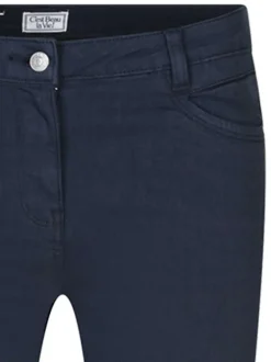Pantalon 5 poches marine uni avec une coupe slim et un patch de la marque