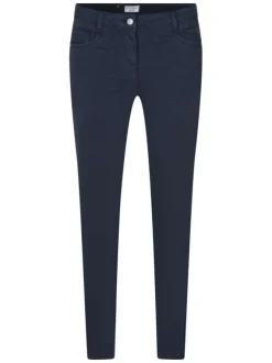 Pantalon 5 poches marine uni avec une coupe slim et un patch de la marque
