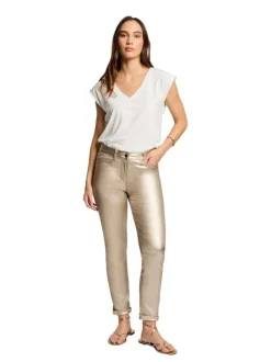 Pantalon 5 Poches or uni à coupe slim, effet enduit et poches avant et arrière