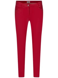 Pantalon 5 poches rouge uni avec une coupe slim et un patch d'authenticité