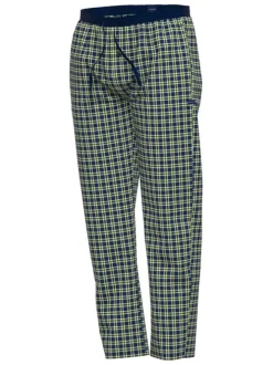 Pantalon pyjama en coton à carreaux sur fond marine, taille élastiquée à cordon