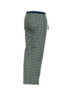 Pantalon pyjama en coton à carreaux sur fond marine, taille élastiquée à cordon