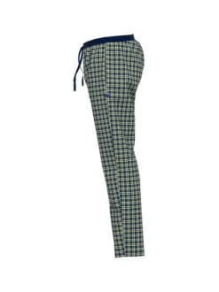 Pantalon pyjama en coton à carreaux sur fond marine, taille élastiquée à cordon