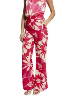 Pantalon rose ample et fluide imprimé avec des fleurs hawaïennes