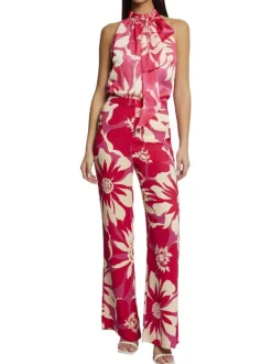 Pantalon rose ample et fluide imprimé avec des fleurs hawaïennes