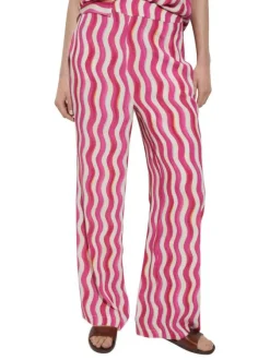 Pantalon rose avec une ceinture élastiquée une coupe wideleg et imprimé vagues