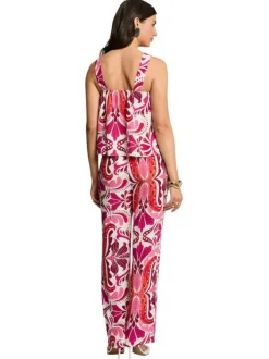 Pantalon rose à coupe droite orné de motifs et pourvu d'une taille élastiquée