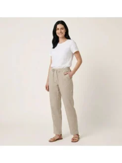 Pantalon Zoe en coton biologique beige à carreaux pourvu d'une coupe droite
