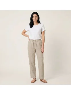 Pantalon Zoe en coton biologique beige à carreaux pourvu d'une coupe droite