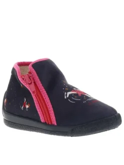 Pantoufles bottillon TAFINI en cuir marine à motif patineuse artistique avec paillettes roses Made in France