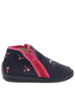 Pantoufles bottillon TAFINI en cuir marine à motif patineuse artistique avec paillettes roses Made in France