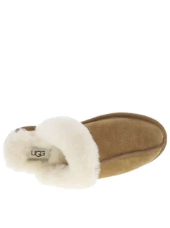 Pantoufles plates et fourrées en cuir nubuck naturel à col en fourrure de mouton blanc